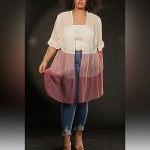 Emery Rose Sheer Pink and Cream Open Cardigan Textured Short Sleeves 2X